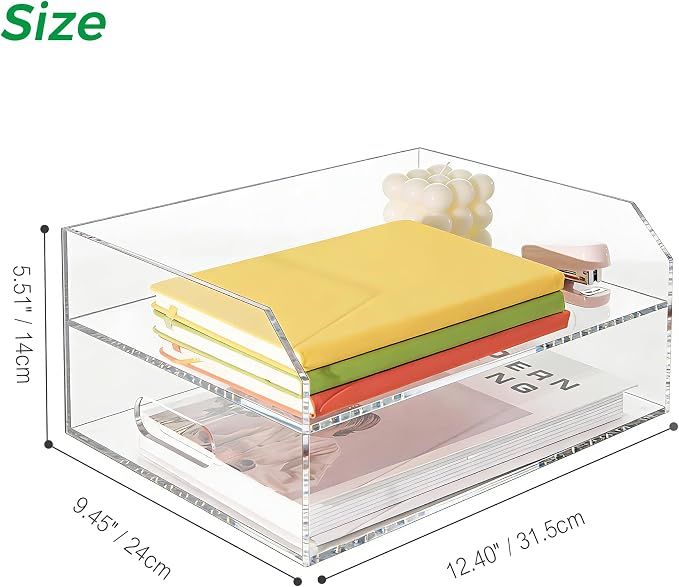 Paper Tray Organizer for Desk, 2 Tier Acrylic Desk Organizers and Accessories, One-Piece Integrated A4 Paper Organizer with Handles, Crystal-Clear Letter Tray & Compact Office File Holder
