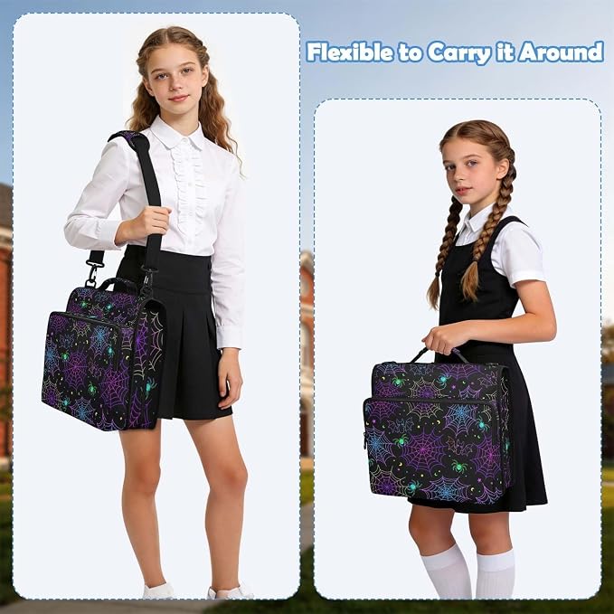 Goth Bat Spider Web Zipper Binder File Organizer Bag 3 D-Ring | with Shoulder Strap, Holds 500 Sheets & 14in Laptop, 3 Ring Binder for Office Supplies