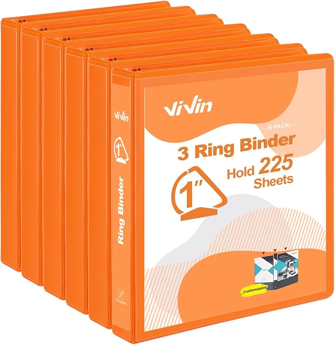 ViVin Sturdy 1 Inch D Ring Binders with 2 Pockets, 6 Pack, Orange | 3 Ring Binders with Clear View Cover, Hold 225 Sheets of US Letter Size Paper, PVC-Free for Office, Home, School