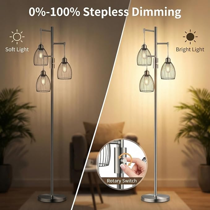 Dimmable Floor Lamp, Industrial Floor Lamps for Living Room, Brushed Nickel Tree Lamp Standing Lamp Tall Lamps with 3 Elegant Teardrop Cage Head & 800 Lumens LED Bulbs for Living Room Bedroom Office