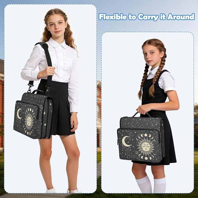 Tarot Sun Moon Goth Zipper Binder File Organizer Bag 3 D-Ring | with Shoulder Strap, Holds 500 Sheets & 14in Laptop, 3 Ring Binder for Office Supplies