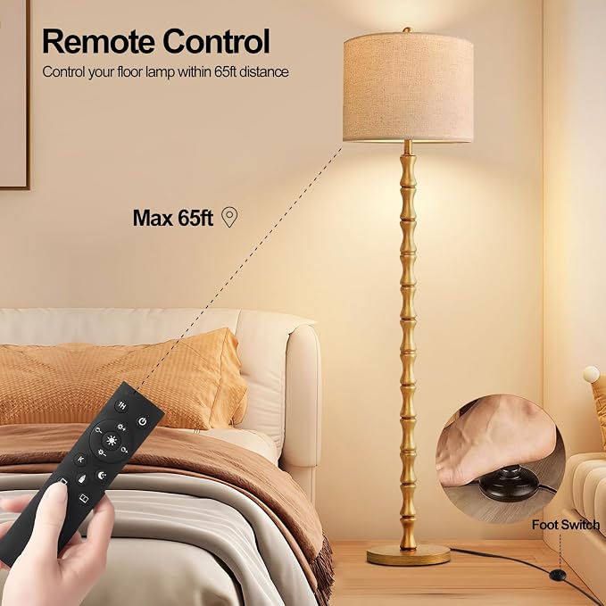 Wood Floor Lamps for Living Room Rustic Floor Lamp with Remote Control & 3 Color Temperature,Dimmable Floor Lamp Gold Mid Century Modern Standing Lamp Tall Farmhouse Floor Lamp For Bedroom Corner