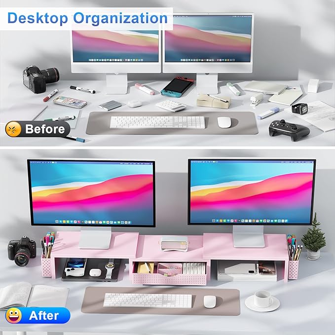 gianotter Dual Monitor Stand Riser With Drawer and 2 Pen Holders | Computer Monitor Stand Desk Organizer and Accessories Desk Shelf for Top of Desk (Pink)