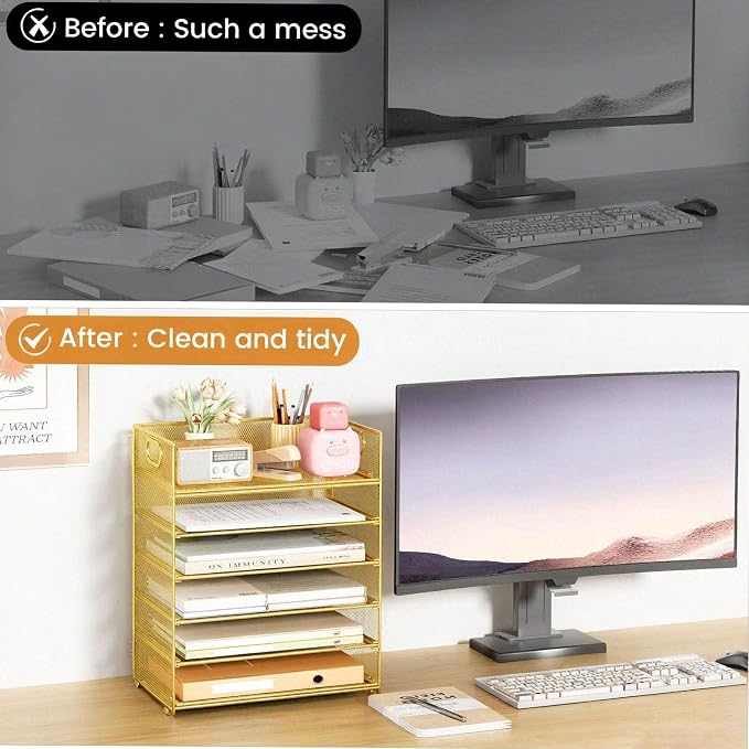 6 Trays Paper Organizer with Handle - Mesh Desk File/Letter Paper Sorter Organizer for Office, Home or School (Gold)