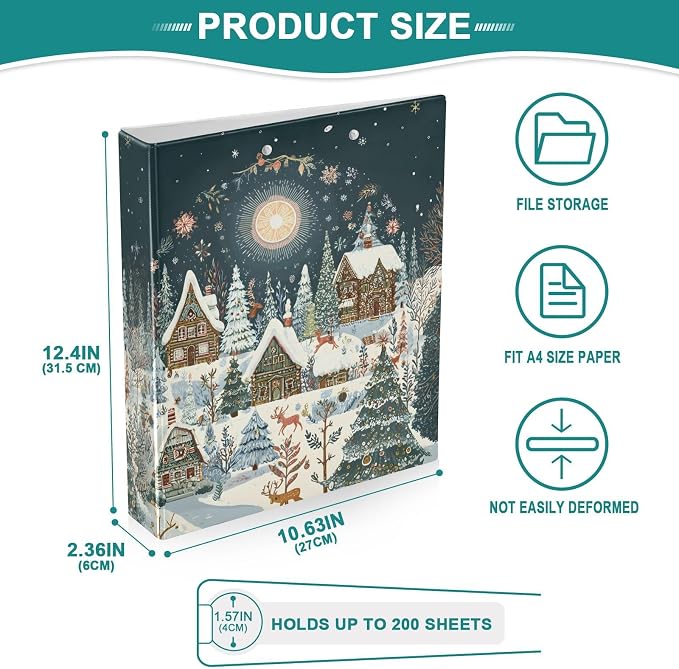 3 Ring Binder Christmas House Winter 1.5 inch Binders Three Ring Binders with Clipboard Fit 8.5'' x 11'' Paper 3 Interior PVC Clear Pockets for Office Supplies