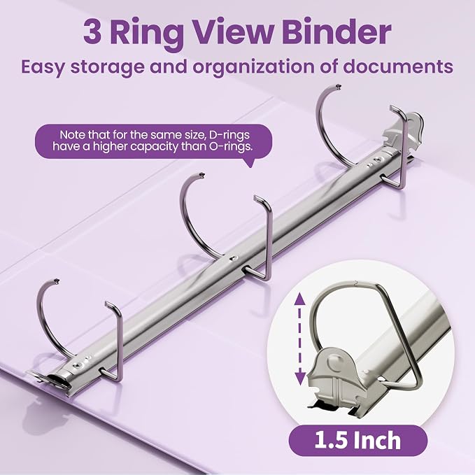 SUNEE 3 Ring Binder 1.5 Inch D Ring, Clear View Binder Three Ring PVC-Free (Fit 8.5x11 Inches) for School or Office Supplies, Light Purple, 1 Pack
