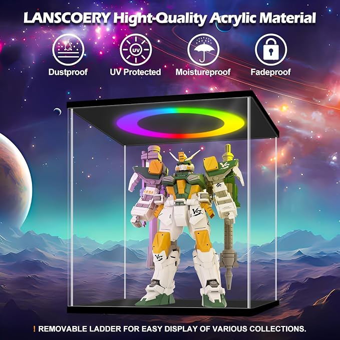 LANSCOERY Acrylic Display Case with RGBW Lights, 4 Tier Black | 11.8 x 8.9 x 11 in case displays small figures on desks or shelves with tiered rows and front access.