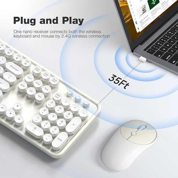 MOFII Wireless Keyboard and Mouse Combo, Computer Full Size 2.4G Plug and Play Wireless Typewriter Retro Round Keyboard and Mouse Set for Windows, Computer, Desktop, PC, Notebook - (Off White)