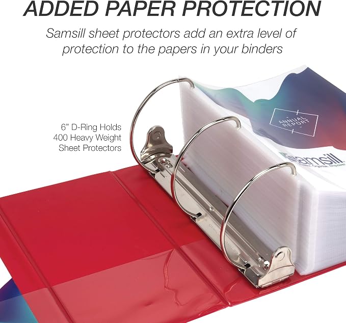 Samsill Durable 6 inch 3 Ring Binder, Locking D Ring Binder, Customizable Clear View Cover, Red, Holds 1225 Pages