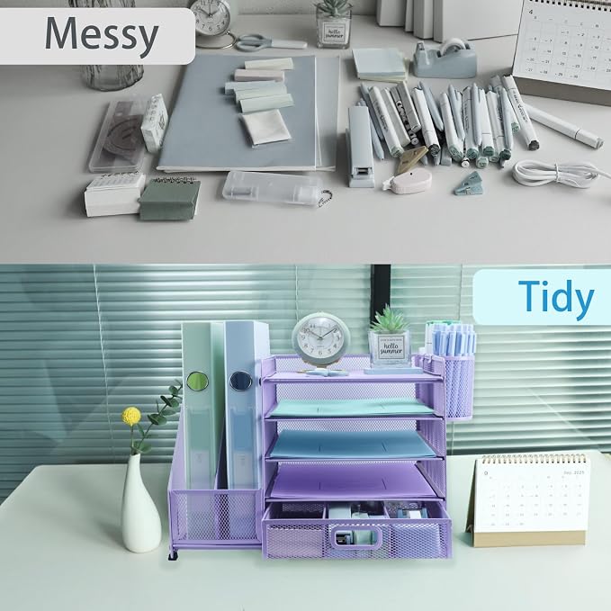 Desk Organiser with 2 Pack Magazine File Holder, 5-Tier Paper Tray Organiser with Drawer and 2 Pen Holder, Letter Tray Multifunctional for Office, School, Home - Purple