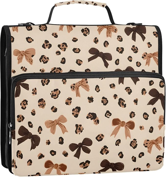 3 Ring Zipper Binder with Shoulder Strap Leopard Print Bow Pattern 1.5 inch Binders Keeper Large Capacity Multi Pockets for School Office Supplies