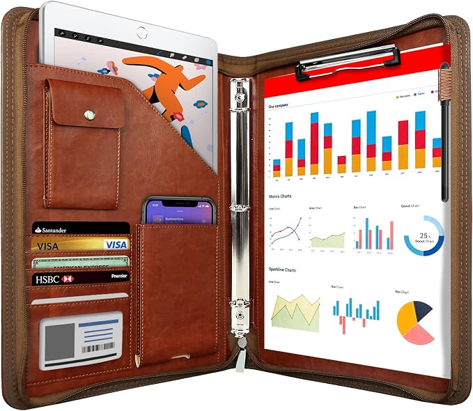 WRIYES Zippered Portfolio Organizer with 3 Ring Binder, Brown | Leather Padfolio, Professional Business Binder, Organizer for IPad/Document, Phone & Business Cards