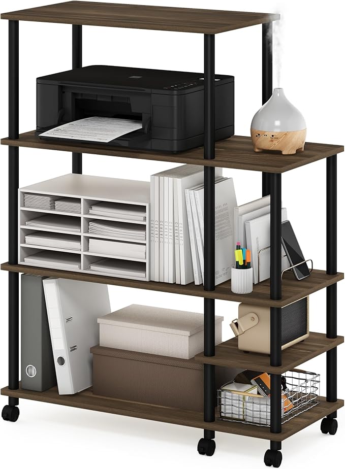 Furinno Turn-N-Tube 4-Tier Wide Toolless Multipurpose Printer Stand Display Storage Shelf with Wheels, Columbia Walnut/Black | Wide Printer Table with with Storage Shelf and Casters, Open Frame Standing Shelf, for CPU, Office Supplies, Home Office
