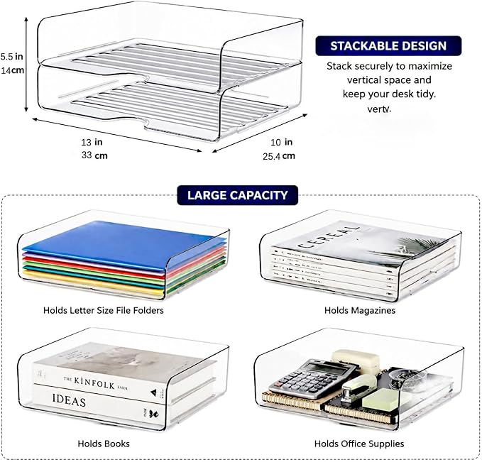 DCA 2 Tier Desk Organizer, Clear Paper Tray File Organizer | Stackable Letter Tray | Office, Home & School | Large Capacity