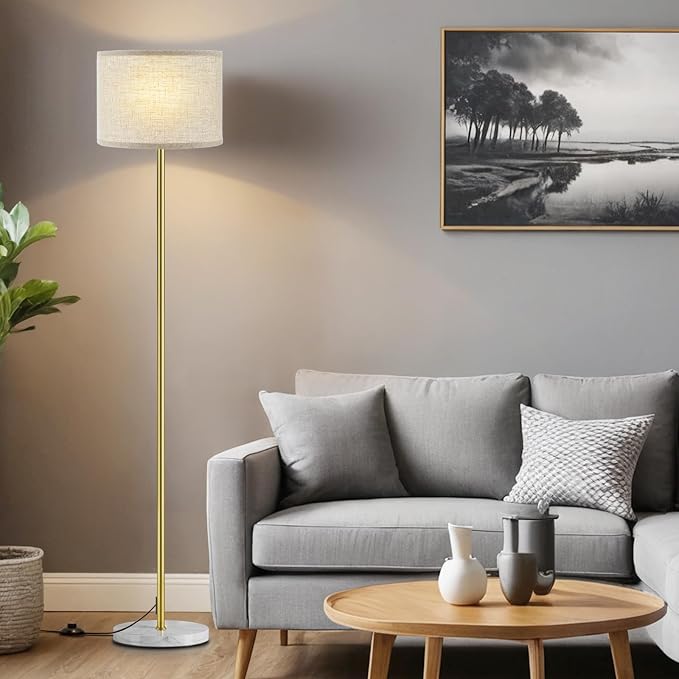 60'' Modern Floor Lamp with Shade, Tall Lamps for Living Room, Bedroom, Office, Dining Room, Gold Standing Lamp with Marble Base(Without Bulb)