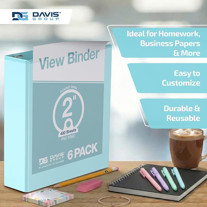 Pack of 6 Premium View Binders, Ring Binders with Clear-View Cover and Interior Pockets, Pastel Color Options, 2 Inch, Aqua