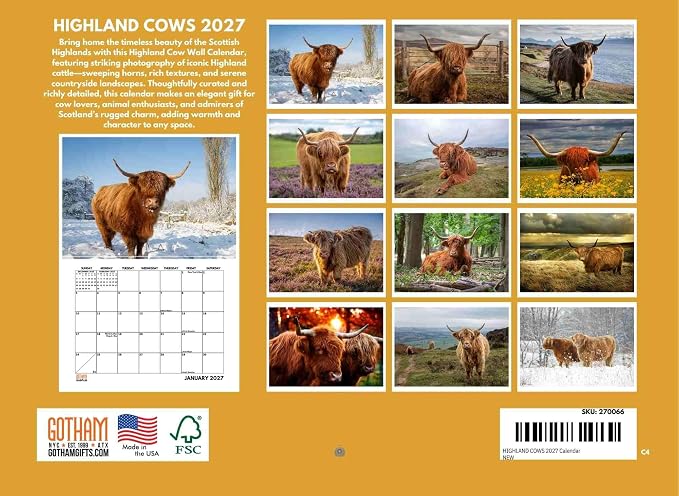 Highland Cow Calendar 2027 Scottish Gifts Hyland Hairy Coo Monthly Wall Calender 12 Month | American Made In The USA