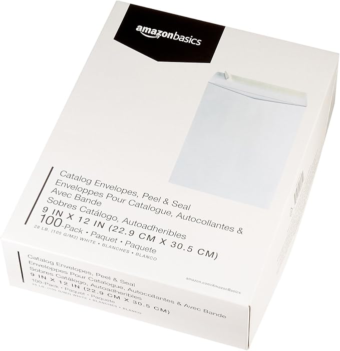 Amazon Basics Catalog Mailing Envelopes, Peel and Seal, 9x12 Inch, Strong Quality, 28 lb White, 100-Pack