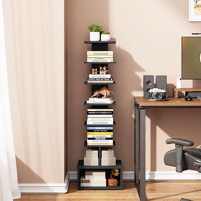 TUTOTAK Book Shelf, Narrow Spine Bookshelf, 8-Tier Bookcase for Small Space | 10.4 x 11.8 x 47.5 Inches Vertical Freestanding Corner Shelf for Living Room, Office, Study, Entryway, Black BS07BK008