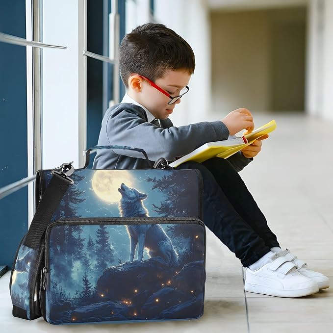 3 Ring Zipper Binder with Shoulder Strap Wolf Moon Galaxy Winter Forest 2 Inch Zippered Binder Bag 500 Sheet Capacity Multi Pockets for School Supplies
