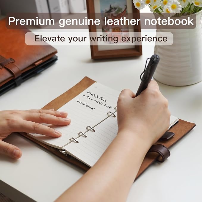 Adeerus Refillable A6 Leather Binder Notebook, Reusable Leather Journal, Vintage Organizer with 6-Ring Metal Binder, 160 Pages Lined Paper & Pocket, for Writers Business Work Study College and Daily