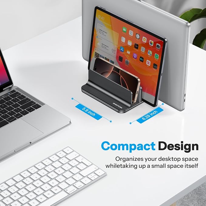 OMOTON 3-Slot Multiple Vertical Laptop Stand, Fits All MacBook, Black | Adjustable Width 0-1.38", Aluminum Office Space-Saving for Desk, Fits MacBook/Book/iPad Up to 17.3in