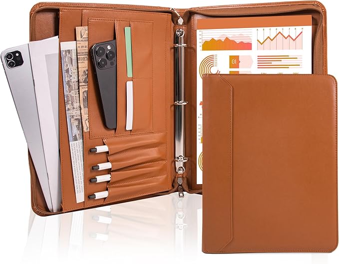 AZXCG Zipper Portfolio Padfolio Binder,3 Ring Padfolio for Women and Men,Business Portfolio Organizer for Women with A4 Writing Pad Holder,Business Portfolio for Meeting,Business,School,Work