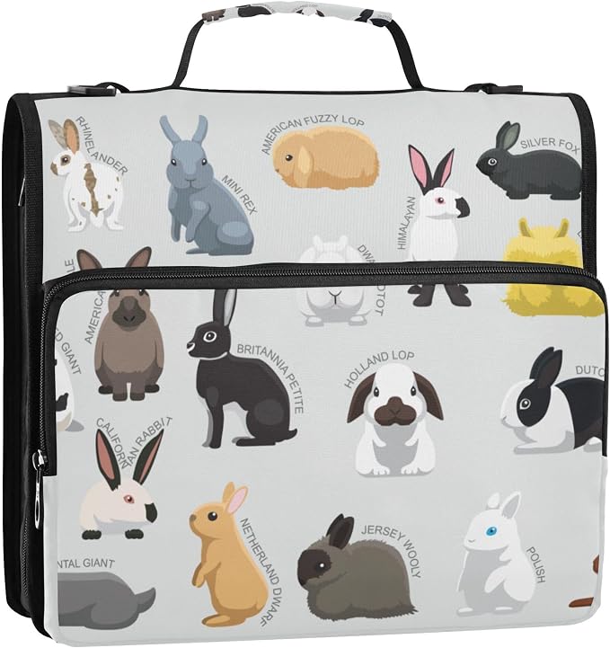Fisyme Rabbit Bunny Zipper Binder 3 Ring with Zipper and Shoulder Strap Large Capacity Multi-Pocket Binder Organizer