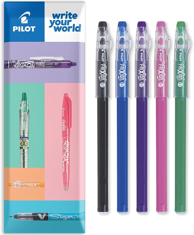 PILOT FriXion Ball Stick 07-0.7mm Nib Tip - Erasable Gel Ink Pens - In Envelope Gift Packaging (Teacher's Wallet of 5)