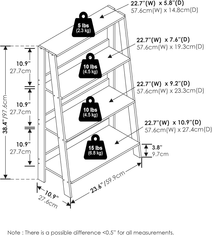 Furinno Ladder 4-Tier Book Shelf, Open Frame Ladder Shelf, Espresso | 10.9 x 23.6 x 38.4, Bookcase, Standing Display Storage Shelves, Storage Rack, for Organization, Living Room, Home Office