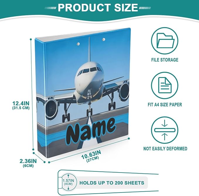 Custom 3 Ring Binder White Airplane Aircraft 1.5" Round Ring Binders Personalized Name View Binder with 200 Sheet for Kids School Supplies Women Men Office, 1 Pack