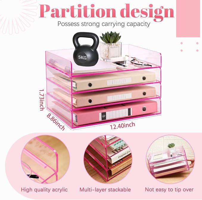 Harloon 4 Tier Clear Hot Pink Acrylic Paper Organizer Letter Tray, Aesthetic Stackable Low Profile Desk File Organizer Modern Heavy Duty Paper Holder Tray for A4, Office Home File Pad Books Notes