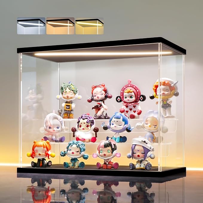 LANSCOERY Acrylic Display Case for Collectibles, 3-Tier LED Light, Black | 3mm clear acrylic panels with front door access and tri-color top light for small figures on a desk or shelf.