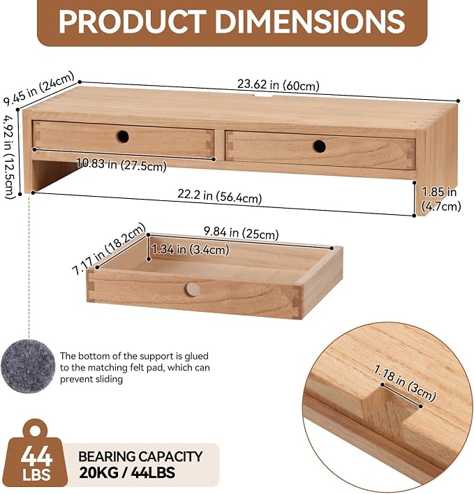 KIRIGEN Solid Wood Monitor Stand with 2 Drawers, Desk Riser, Natural PMJ-NA | Desktop Organizer with Cable Opening and Pen Slots Stores Office Supplies, Supports Up To 50 Lb and Arrives Fully Assembled.
