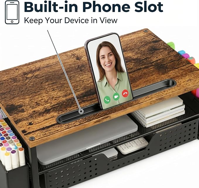 Desk Organizer and Accessories, 2-Tier Computer Monitor Stand Rise with Phone Holder, Drawer & 2 Pen Holders, Laptop & Printer Stand for Desktop, Workspace Organizers for Office Supplies (Brown Wood)