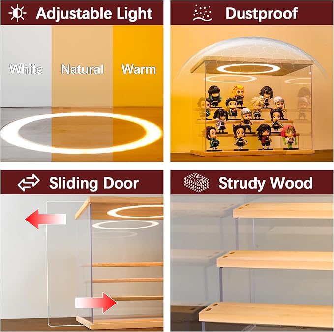 Acrylic Display Case with Adjustable LED Light, 5 Tier Clear Display Box Dustproof Showcase for Action Figures, Collectibles and Mini Toys, Assembly Display Cabinet(Wood 12.5×12.2×11.8in)