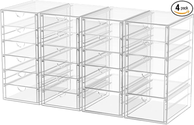 4-Pack 22-Drawer Acrylic Storage & Makeup Organizer for Desk | Smooth-glide drawers, clear acrylic, stackable, dustproof, wipe clean, for office supplies, pens, paper clips, thumb drives