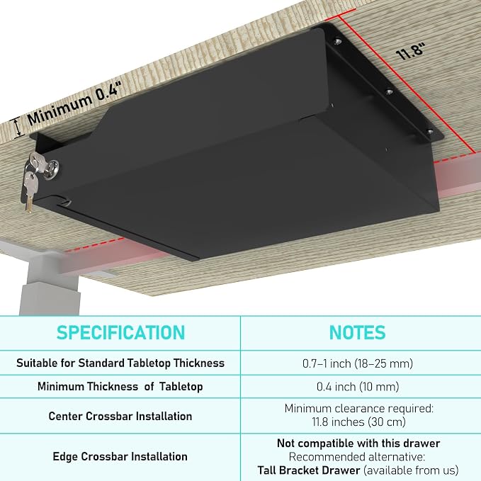 Under Desk Drawer Storage with Lock, Metal Undermount Table Drawer, Ball Bearing Slides Out Tray Organizer for Paper, Pencil, and Laptop 16"x11.8"x3.6", Black