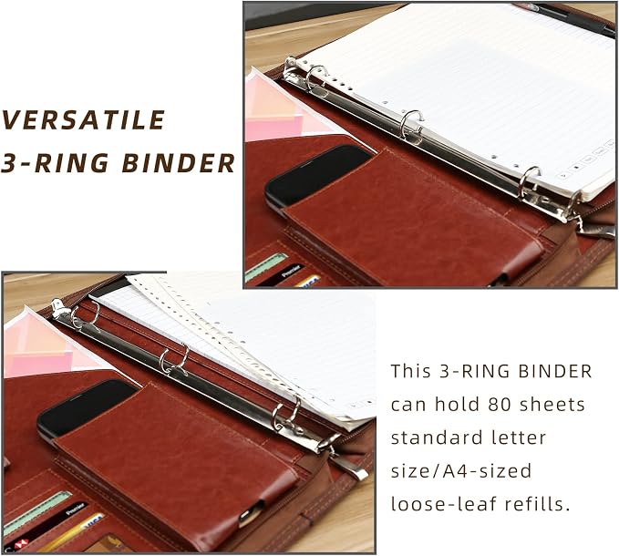 WRIYES Zippered Portfolio Organizer with 3 Ring Binder, Brown | Leather Padfolio, Professional Business Binder, Organizer for IPad/Document, Phone & Business Cards
