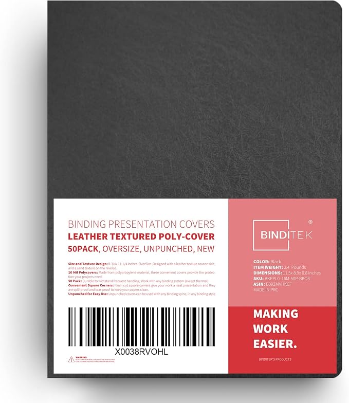 Binditek 16 Mil Leather-Textured Polycovers, 8.75x11.25, Black, 50 Pack | Leather-Textured Binding Covers, 8.75 x 11.25 Inches Oversize, Plastic Binding Presentation Covers, Square Corners, Unpunched