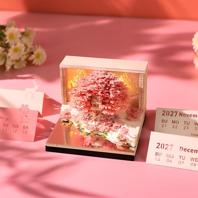 3D Time Piece Calendar, 2027 Desk Calendar With LED Light, 3d Tree Memo Pad Creative Desk Calendar, Christmas Gift for Colleague Friend, Desktop Decoration