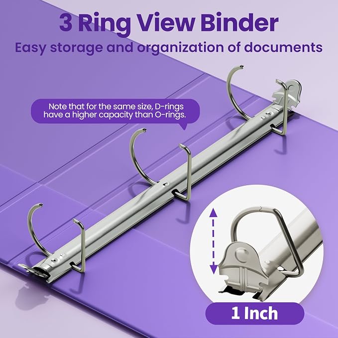 SUNEE 3 Ring Binder 1 Inch D Ring, Clear View Binder Three Ring PVC-Free (Fit 8.5x11 Inches) for School or Office Supplies, Dark Purple, 1 Pack