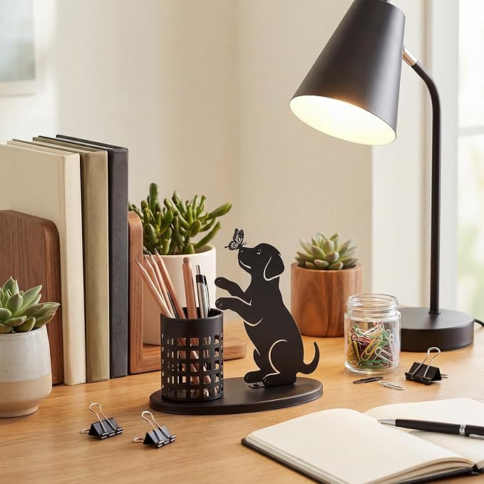 Tandefio Dog Pen Holder for Desk Cute Black Puppy Pencil Holder Metal Desk Accessories Organizer Makeup Brush Pen Cup for Back to School Stationery Office Home Decor Table Centerpiece Lover Gift Women