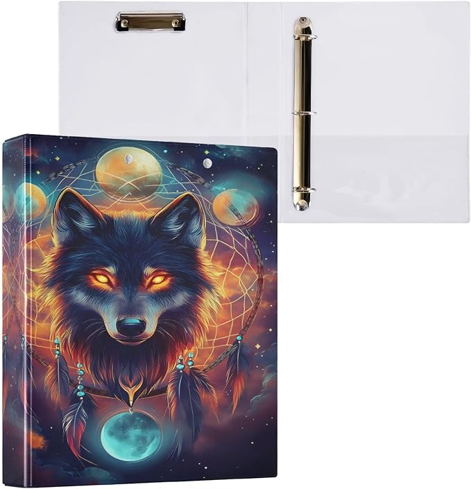 ALAZA 3 Ring Binder Dreamcatcher Wolf Clipboard Round Ring Binder Holds 1.5 Inch Three Binders Heavy Duty Binders for Office Supplies, 1Pack