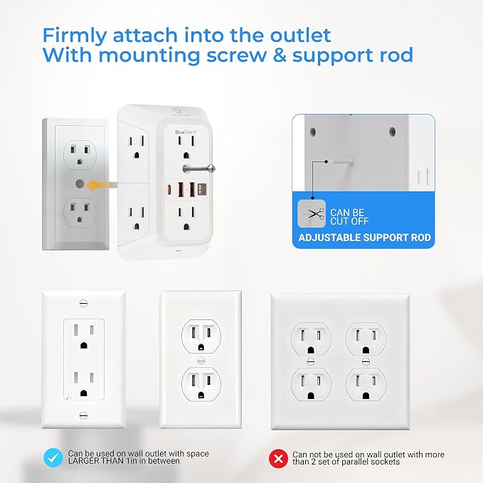 Surge Protector Outlet Extender, 6 Outlets & 4 USB Ports with Fast Charging Type C PD 20W, Night Light, 3-Sided Power Strip, Multi Plug Wall Charger for Home, Office, Travel, Cruise Ship