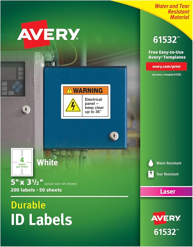 Avery® Durable White Cover Up ID Labels for Laser Printers, 5 x 3.5, Pack of 200 (61532)