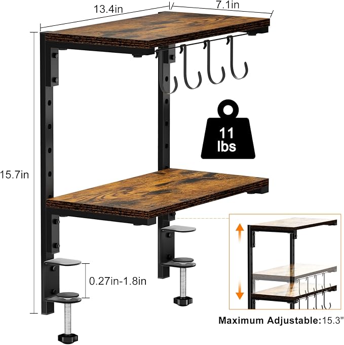 Clamp-On Desk Organizer Shelf, 13 inch Adjustable Height and Versatile Hook, Above or Below Desk 2-Tier Shelving, Shelving for Table Accessories, Gaming Devices, and More