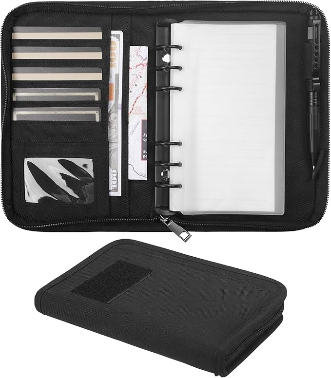 Kosibate Tactical Notebook Padfolio Ring Binders with 45 Sheets,Army Military Notebook Portfolio Binder with Zipper for Tactical Gear and Organizer, Refillable 6-Ring Binder(Black,5.5'' x 8.5'')