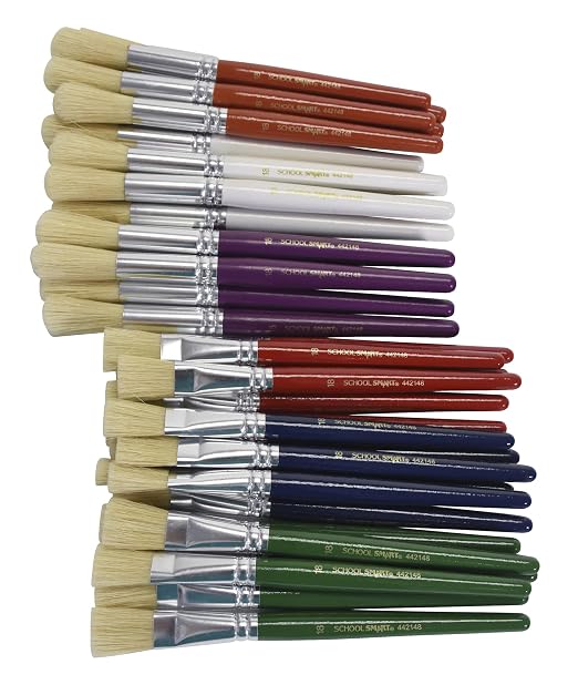 School Smart Stubby Ox Hair Paint Brushes for School and Arts and Crafts Use, Assorted Colors and Sizes, Bulk Set of 36