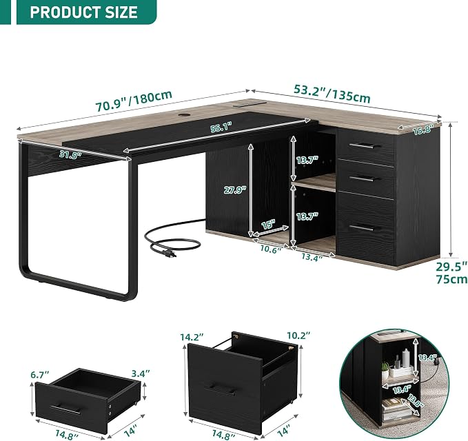 YITAHOME Executive Desk with Power Outlets | Power Outlets, File Cabinet, Drawers & Storage Shelves, Corner Office Desk with Bookshelf, For Home Office